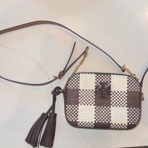 Brown and White Checkered Crossbody Bag